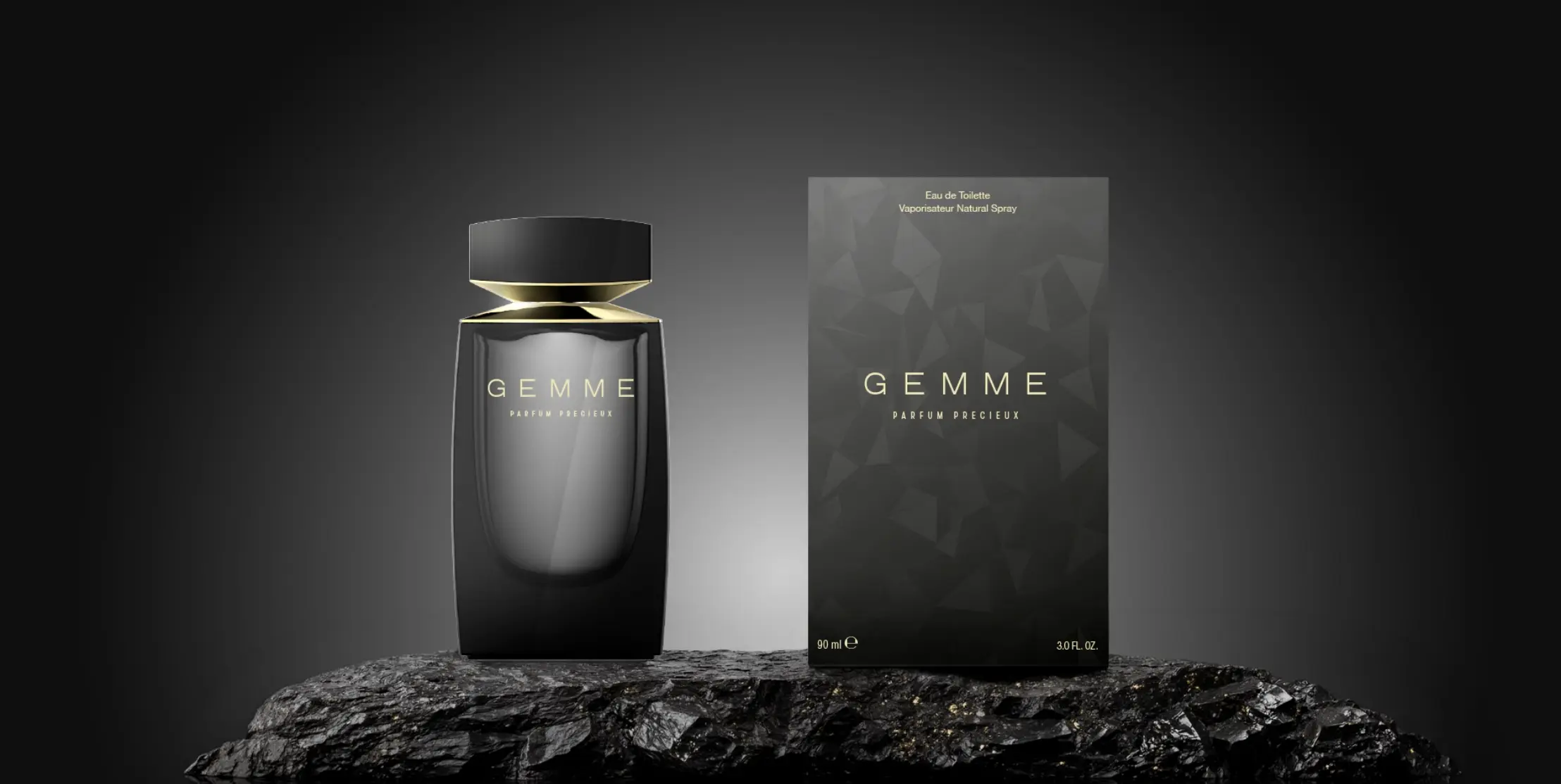 Rendu 3D du flacon et du coffret Gemme Parfum Précieux sur socle de roche, design produit noir et or réalisé par Tchak Studio en Pays de la Loire