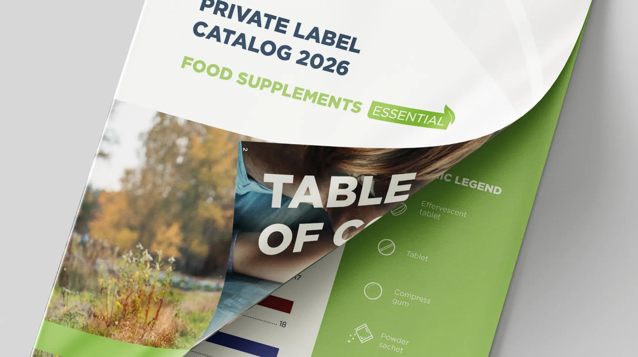 Zoom sur la couverture et le sommaire du catalogue NaturaCARE Private Label 2026 Food Supplements Essential, mise en page print réalisée par Tchak Studio