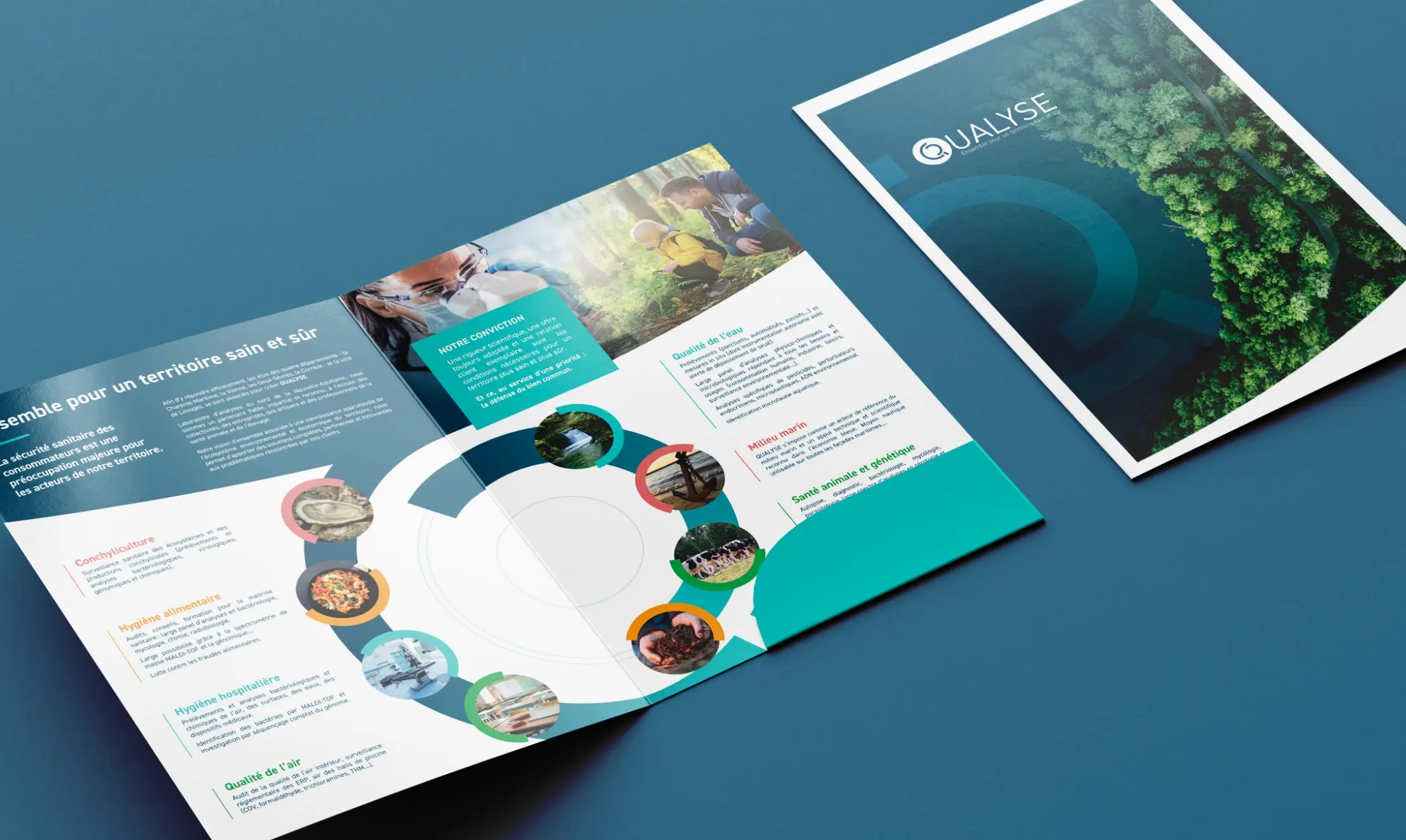 Mockup de la brochure institutionnelle Qualyse ouverte sur la double page des domaines d'activité (conchyliculture, hygiène, milieu marin…) et sa couverture, design print Tchak Studio